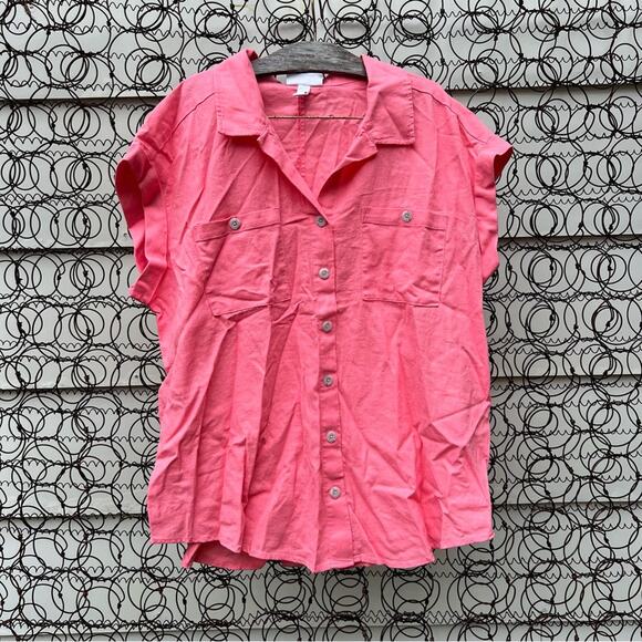Isabel Linen Blend Pink Rolled Short sleeve Button Up Shirt Blouse LARGE - Picture 1 of 6